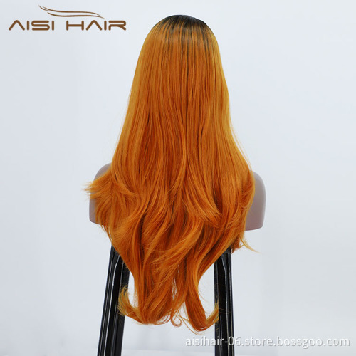 Aisi Hair Wholesale Vendor Body Wave Curly Long Wavy Ombre Orange Lace Frontal Synthetic Hair For Black Women Lace Front Wig